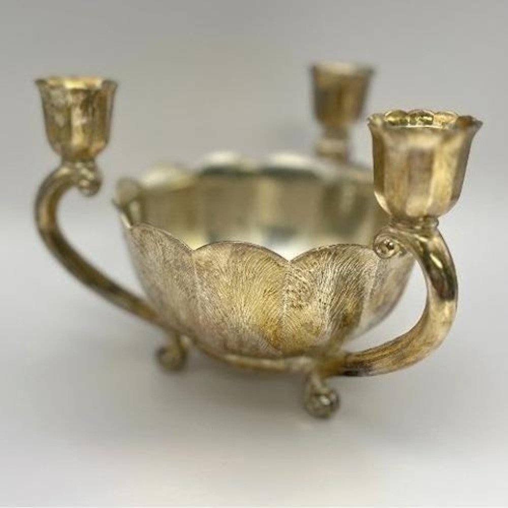 Vintage Italian Centerpiece Bowl 3-Arm Candelabra Made in Italy Silvery Gold Hue